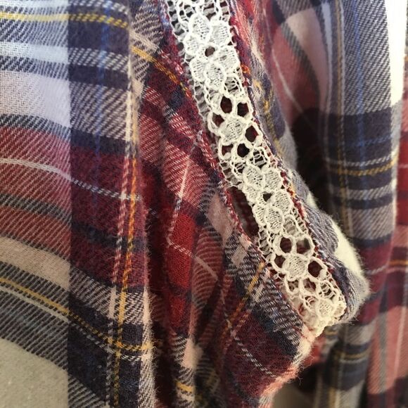 Guess Red Plaid Lace Detail Button Down Long Sleeve Shirt - Picture 5 of 6